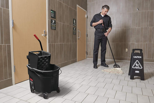 Rubbermaid Commercial Products WaveBrake 35 QT Side-Press Mop Bucket and Wringer Combo on Wheels Red for Heavy-Duty Floor Cleaning