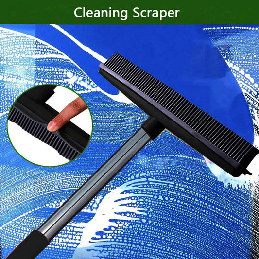 Telescopic Rubber Broom with Squeegee, Multifunction Adjustable Pet Hair Removal Carpet Rake for Fluff Rug Hardwood Floor (Black)