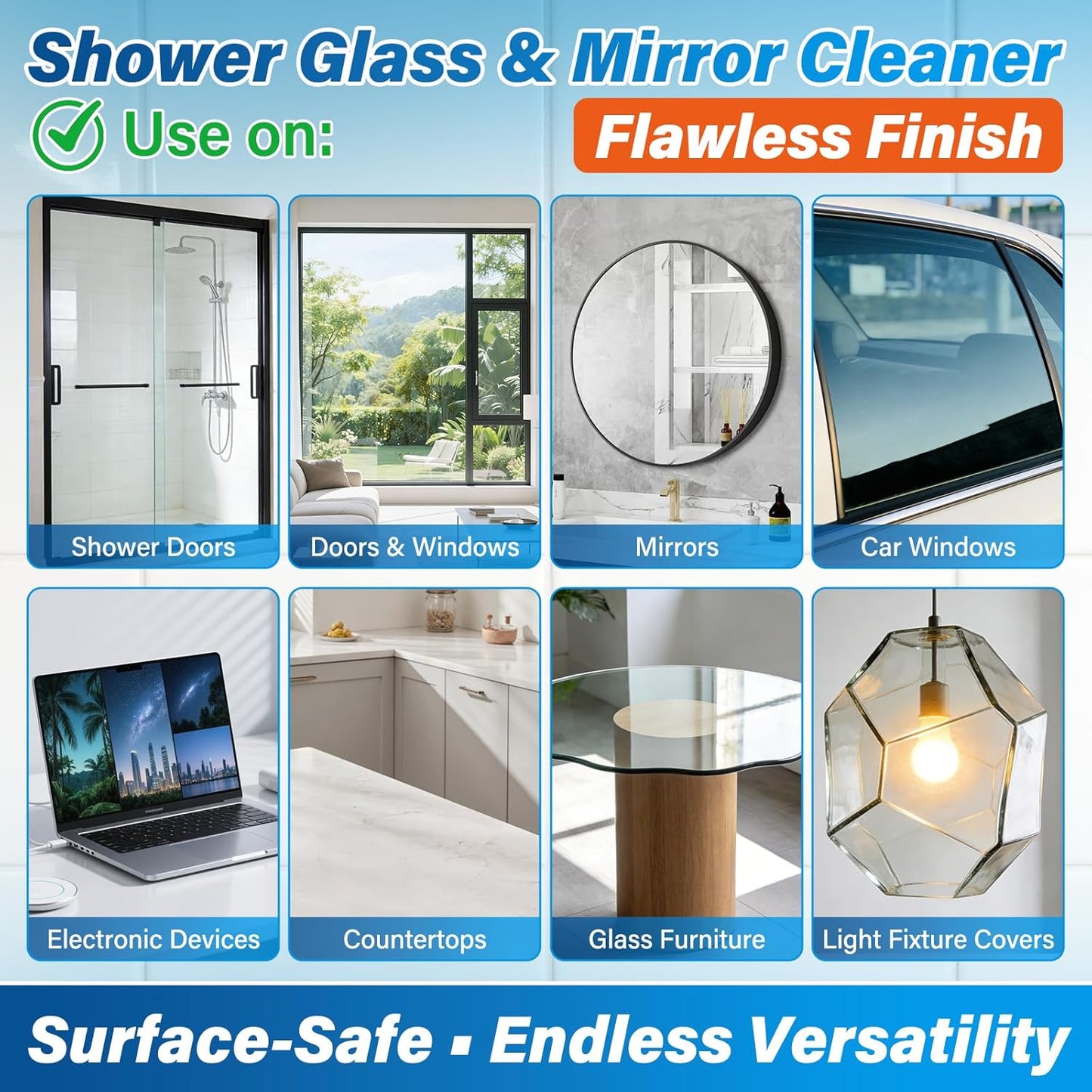 Shower Glass Cleaner, Hard Water Stain & Soap Scum Remover for Glass, Windows and Mirrors, Streak-Free Bathroom Glass Cleaner with Cleaning Towel, 8.45 fl oz / 250ml