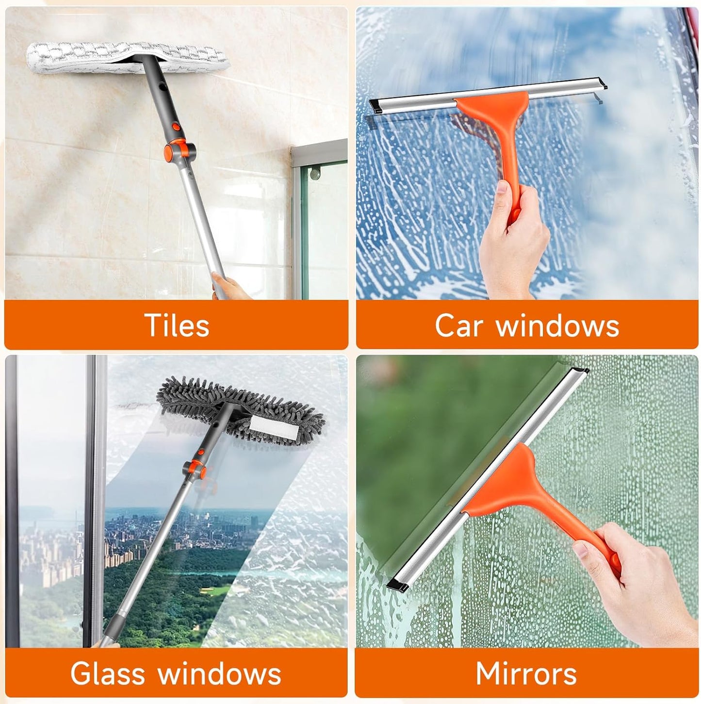 Chabatree Window Squeegee Cleaner Set 2-in-1 Window Cleaning Tool with Extendable Pole, Window Cleaning kit with Bendable Head for Indoor & Outdoor Glass for Car Indoor Outdoor High Windows(Kit1.0)