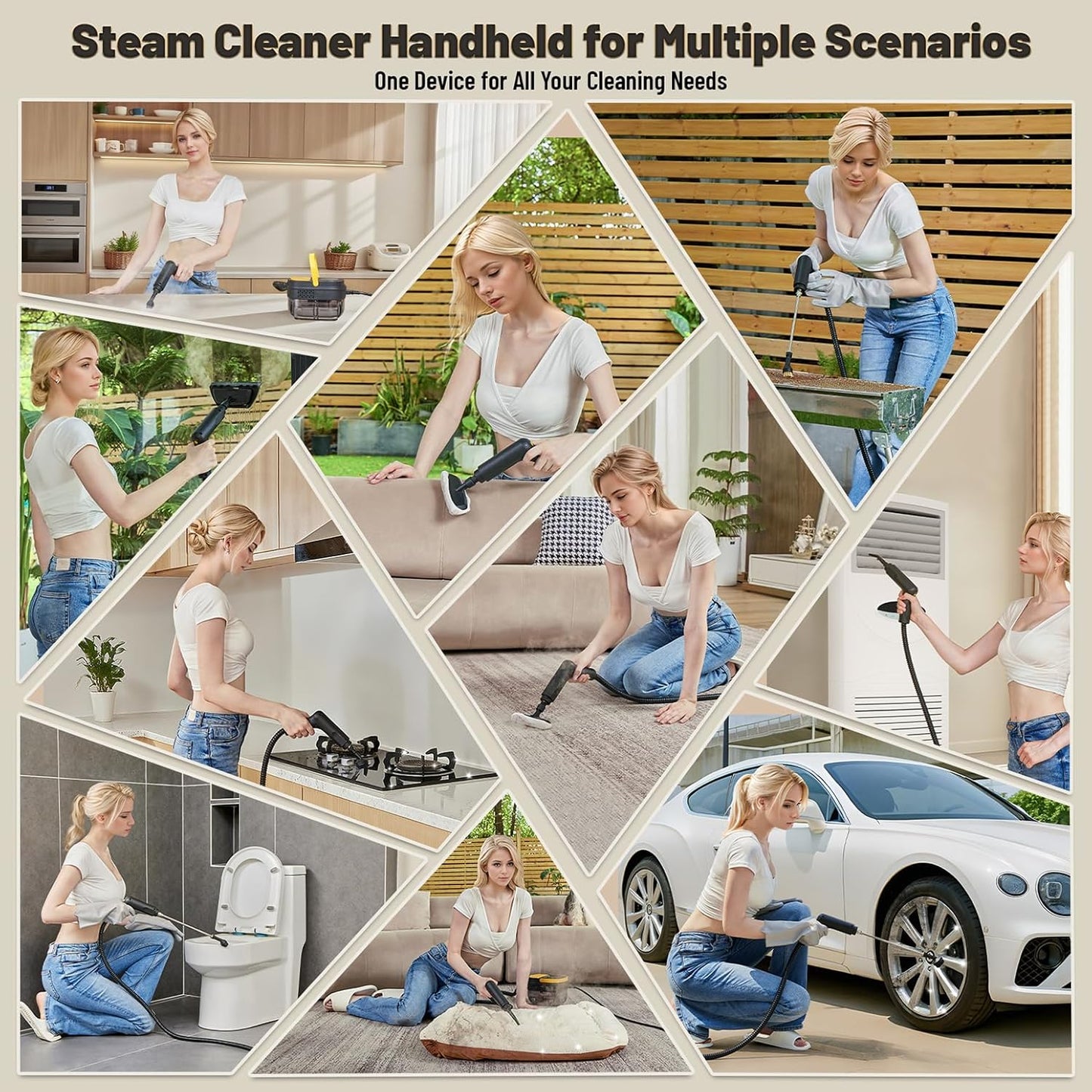 Steam Cleaner, 3 Level Adjustable Handle, 15s Heat Up, 1.69 Quarts Tank, Portable Steamer for Cleaning with 15 pcs Accessories, Steam Cleaner for Home for Dirt, Grease, Grout, Tile,Floor, Car