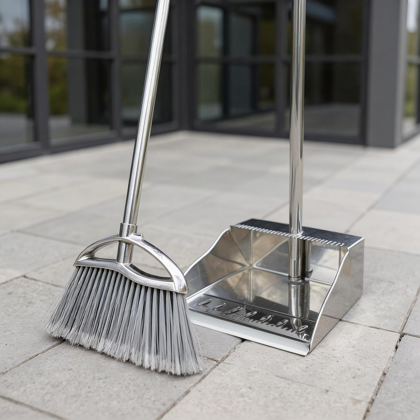 Metal Dustpan and Heavy Duty Broom Set, Stand Up Dustpan with Outdoor Stiff Bristles Broom for Hardwood Patio Room Office Floor Sweeping