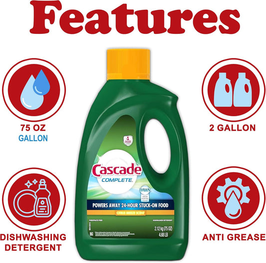 Cascade Complete All-In-1 Gel Dishwasher Detergent, 2 Pack, Citrus Breeze Scent with Dawwn Grease Fighting Power, for 24 Hour Stuck on Food, 75 Oz Each
