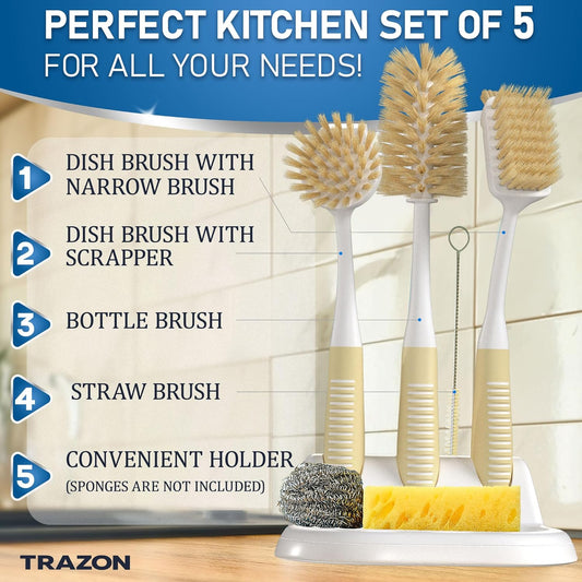 Dish Brush Set of 5 with Holder - Kitchen Scrub Brushes with Non-Slip Long Handle for Cleaning, Scrubber, Dishwashing, Dishes, Bottles, Straws, Cups, Pots & Sink, Black