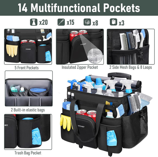 Ytonet Cleaning Caddy with Wheels, Extra Large Rolling Cleaning Caddy Bag with Detachable Trolley for Housekeepers, Water Resistant Cleaner Supplies Organizer with Wheels for Kitchen, Tool Organizer
