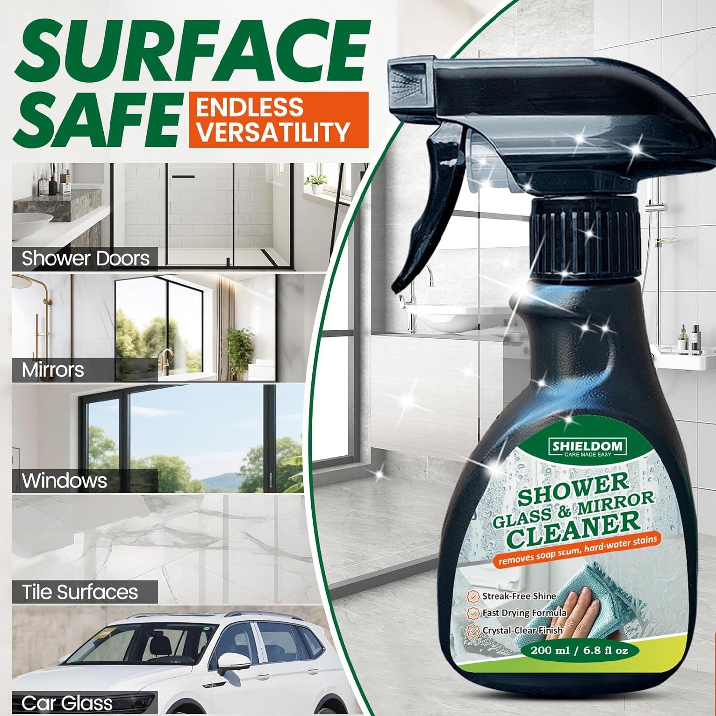 SHIELDOM Shower Glass Cleaner, Glass Window & Mirror Cleaning Hard Water Stains Remover Removes Soap Scum/Water Spot/Fingerprint/Dirt with Squeegee & Towel for a Streak-Free Shine 6.8fl oz/200ml