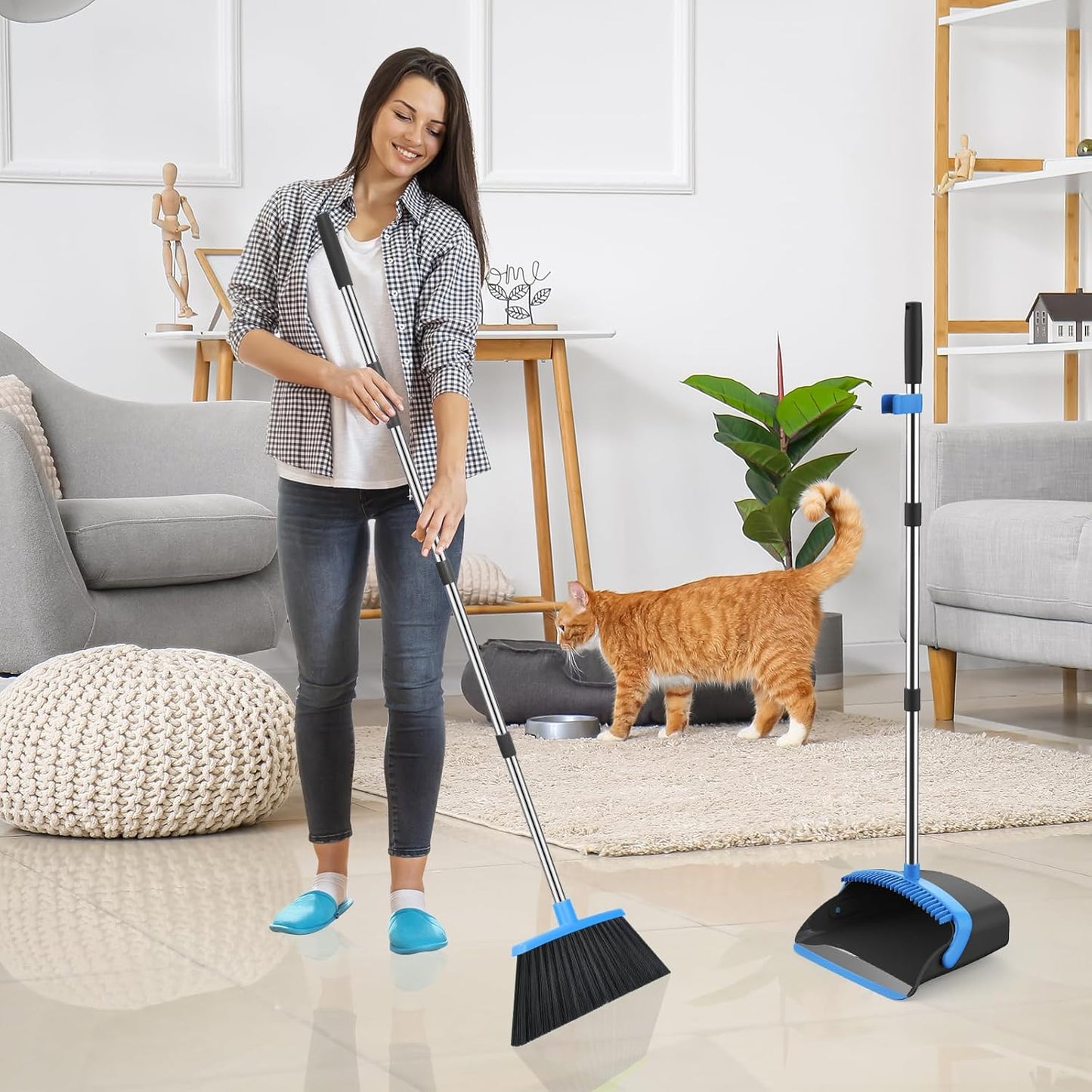 Broom and Dustpan Set, 52-in Long Adjustable Handle Broom Dustpan Combo with Dust pan Teeth to Automatically Clean Hair Suitable for Home Kitchen Office Hall Floor (Black&Blue), 4 Pack