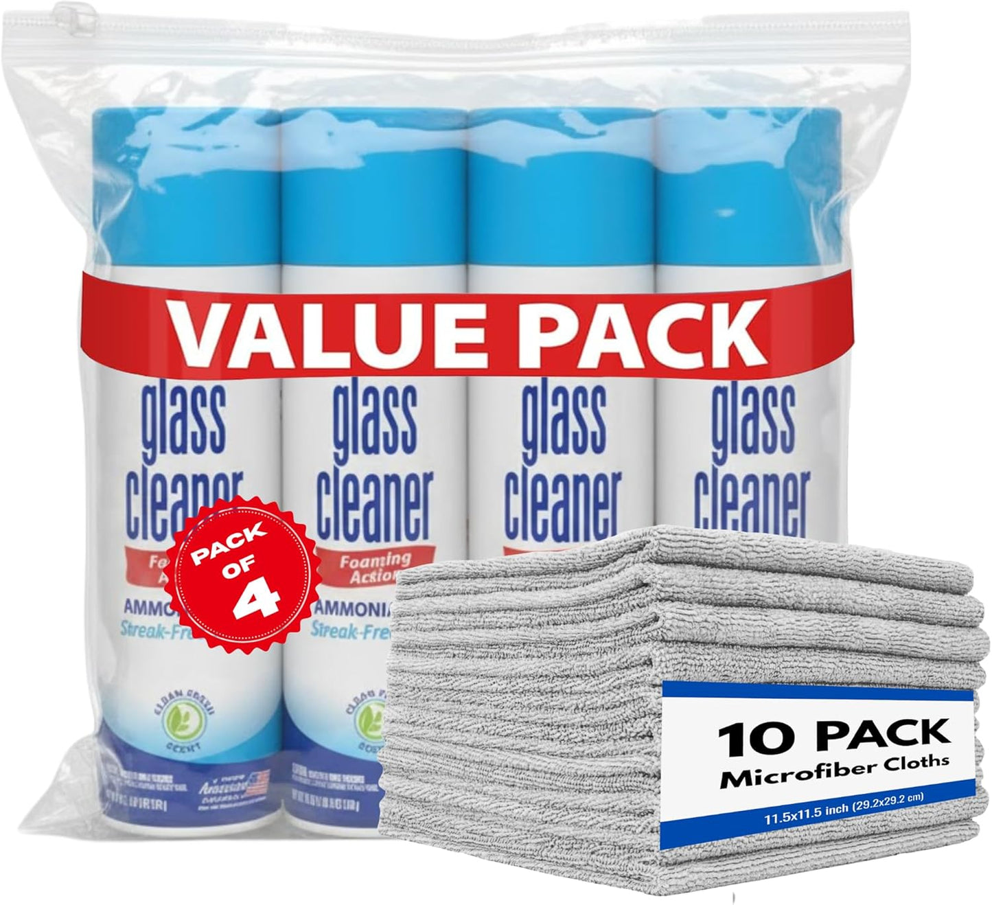 Glass Cleaner Spray - Foam Action Cleaner - 19 Fl Oz, (4 Pack) - Bundle With 10 Premium Microfiber Cleaning Cloth Towel Rags