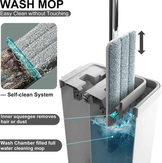 BOSHENG Mop and Bucket with Wringer Set, Flat Floor Mop and Bucket, with 3 Microfiber Mops for Floor Cleaning, Wet and Dry Use for Household Cleaning - White