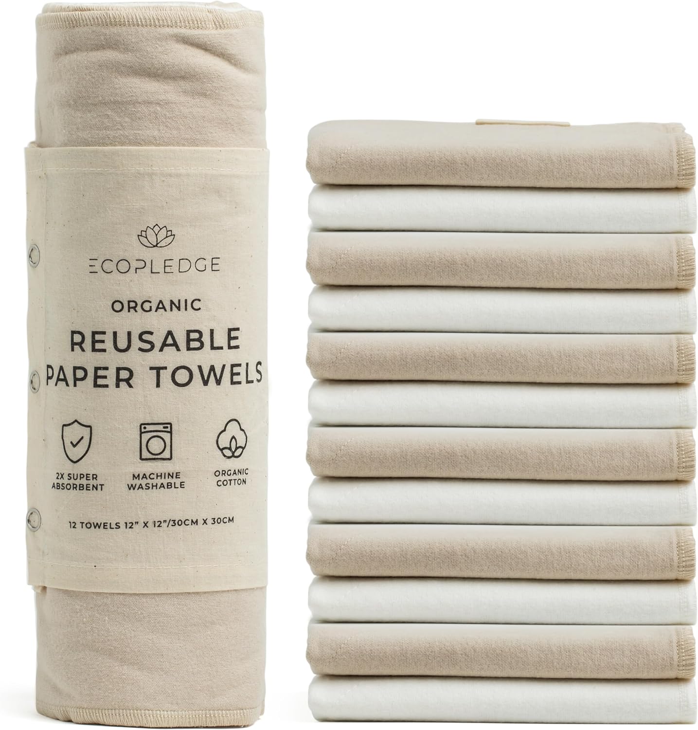 Reusable Paper Towels Washable Roll - Thick 12-pc Two Layered Ultra Absorbent Paperless Certified Organic Cotton Towels - Large Cloth Kitchen Paper Towel with Hanging Loop