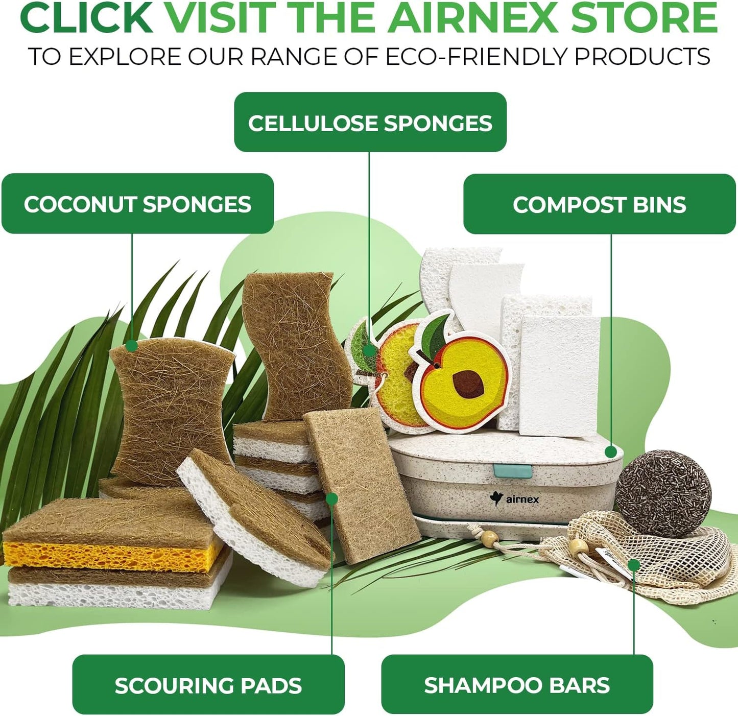 AIRNEX Biodegradable Natural Kitchen Sponges Pack of 6 - Cellulose and Coconut Walnut Scrubber Sponge - Eco Friendly Sponges for Dishes