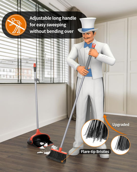 MR.SIGA Broom and Dustpan Set with Adjustable Long Handle, Upright Combo for Floor, Cleaning Lobby, Gray