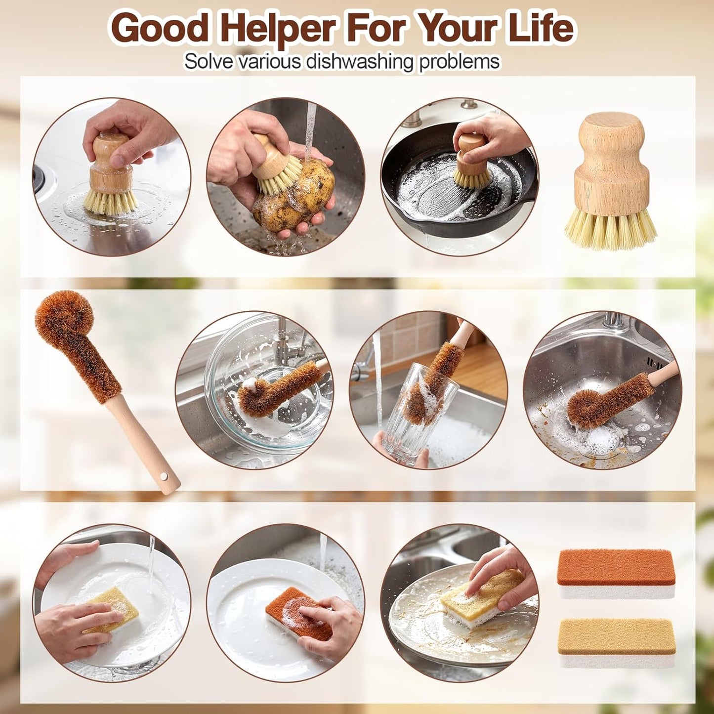 Sliner 14 Pcs Bamboo Dish Brush Set Include Natural Kitchen Sponge Wooden Dish Brush with Sisal Bamboo Scrubber for Kitchen Cleaning Pans Pots Bottles Vegetables