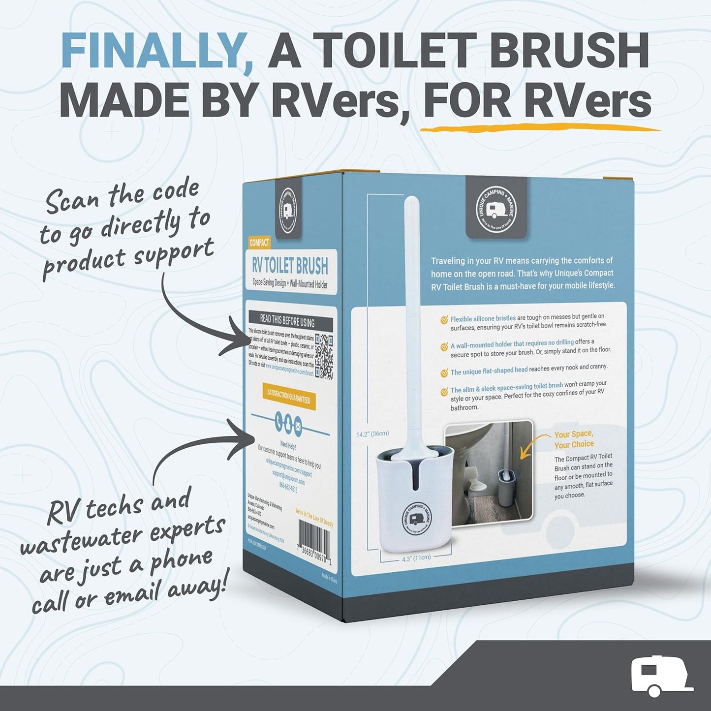 Unique Silicone RV Toilet Brush, Compact, Won't Damage Toilets or Seals, Wall-Mount No-Drip Holder