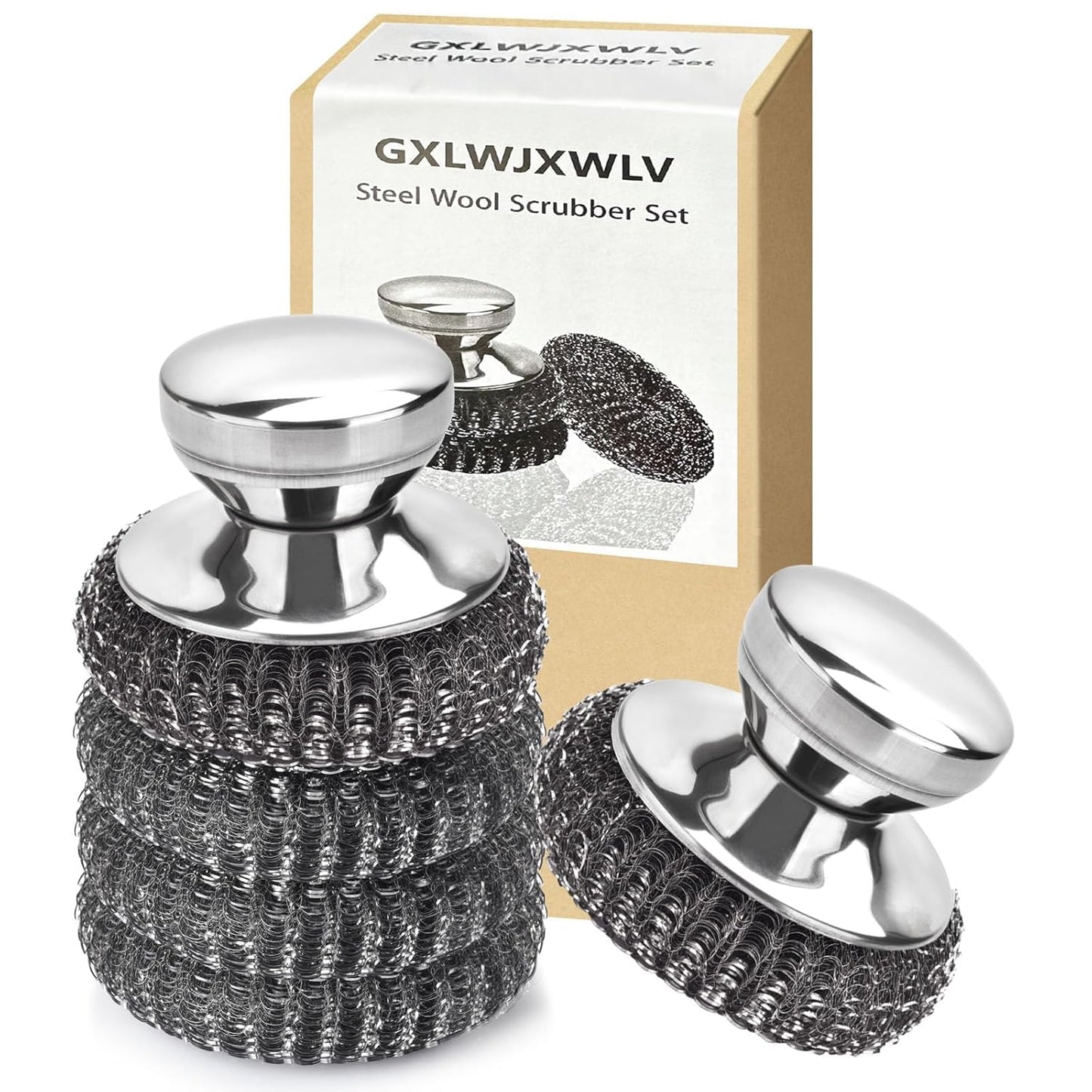 5PCS Stainless Steel Scrubber Pads, Steel Wool Scrubber Set with 2Pcs Handle, Stainless Scrubber for Cleaning Kitchen and Household, Dishes, Stoves, Grill, Wash Sink, Pots