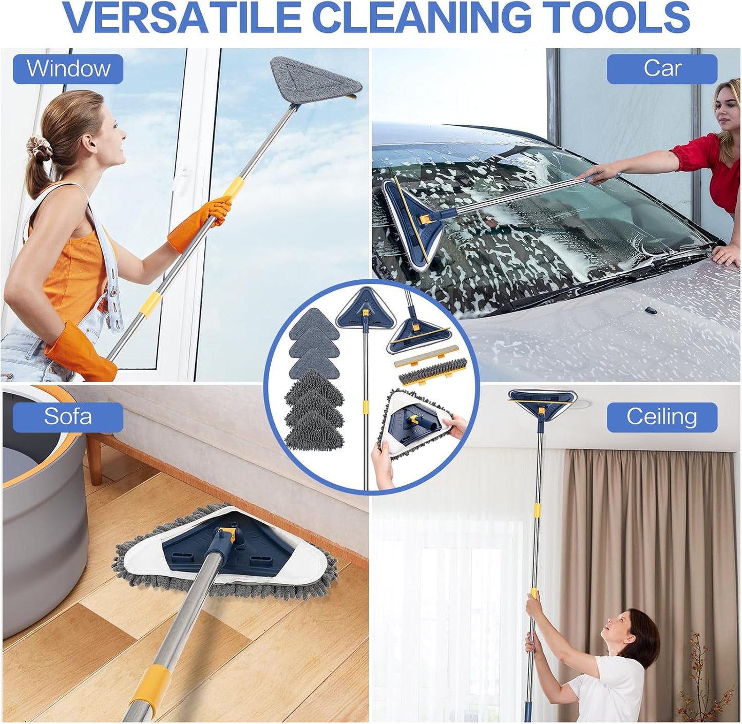 80" Wall Cleaner Mop with Long Handle, Sunoyar 5-in-1 Walls Washer for Baseboard Duster Ceiling Painted Wall, 360°Rotation Wall Cleaning Tool Kit with Squeegee Chenille Microfiber Pad Brush Scraper