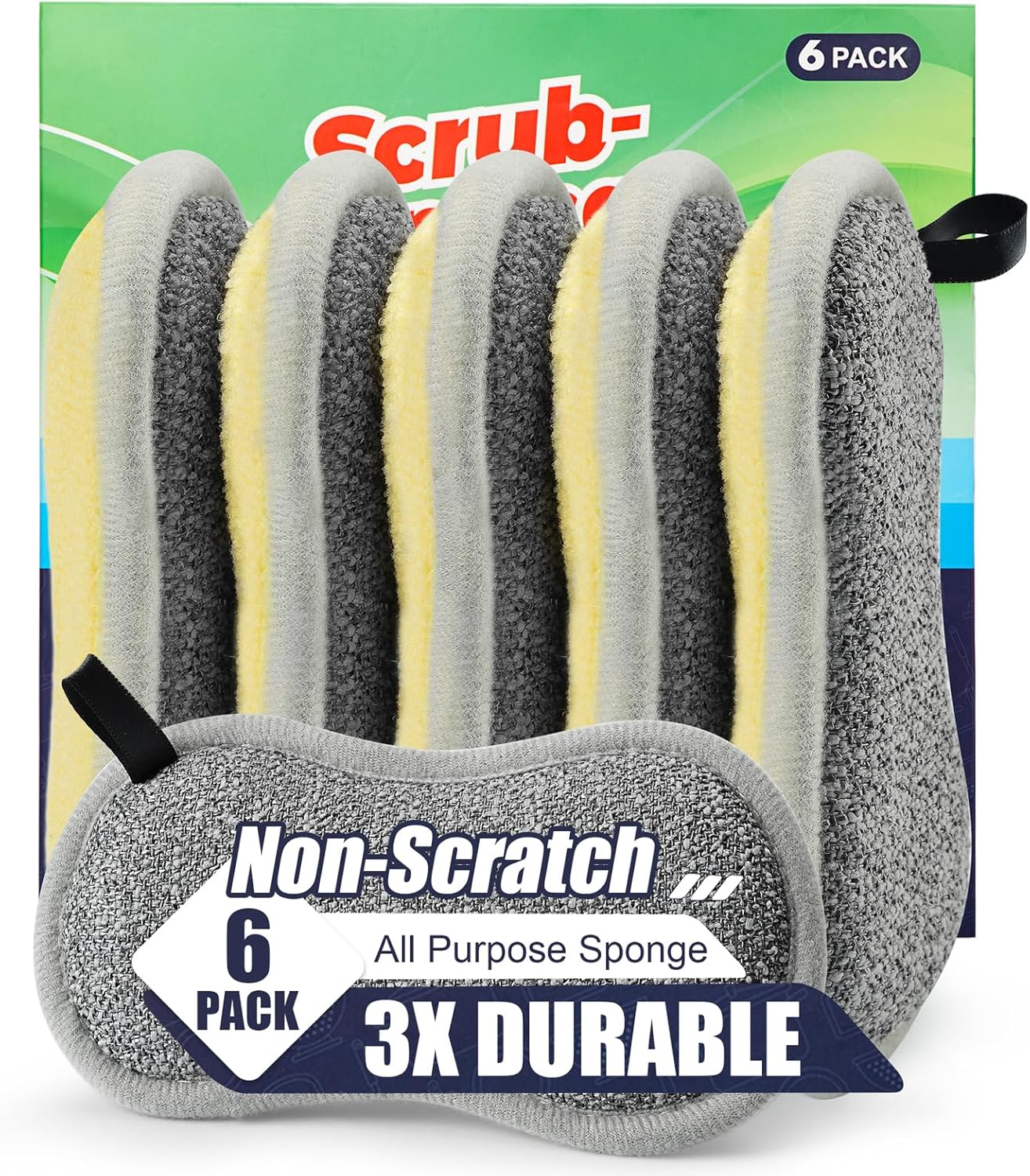 Dual Sided All-Purpose Sponges Kitchen,Dish Sponge for Washing Dishes Cleaning Kitchen,Non Scratch,Rough Scrubbers for Non-Stick Cookware, Soft Microfiber Scrub for Dishes(Bule,6Pack)