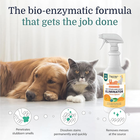 Hepper Advanced Bio-Enzyme Pet Stain & Odor Eliminator Spray - Smell, Stain & Urine Remover for Cats, Dogs & Other Animals - 32oz Spray Safe for the Home - Neutral