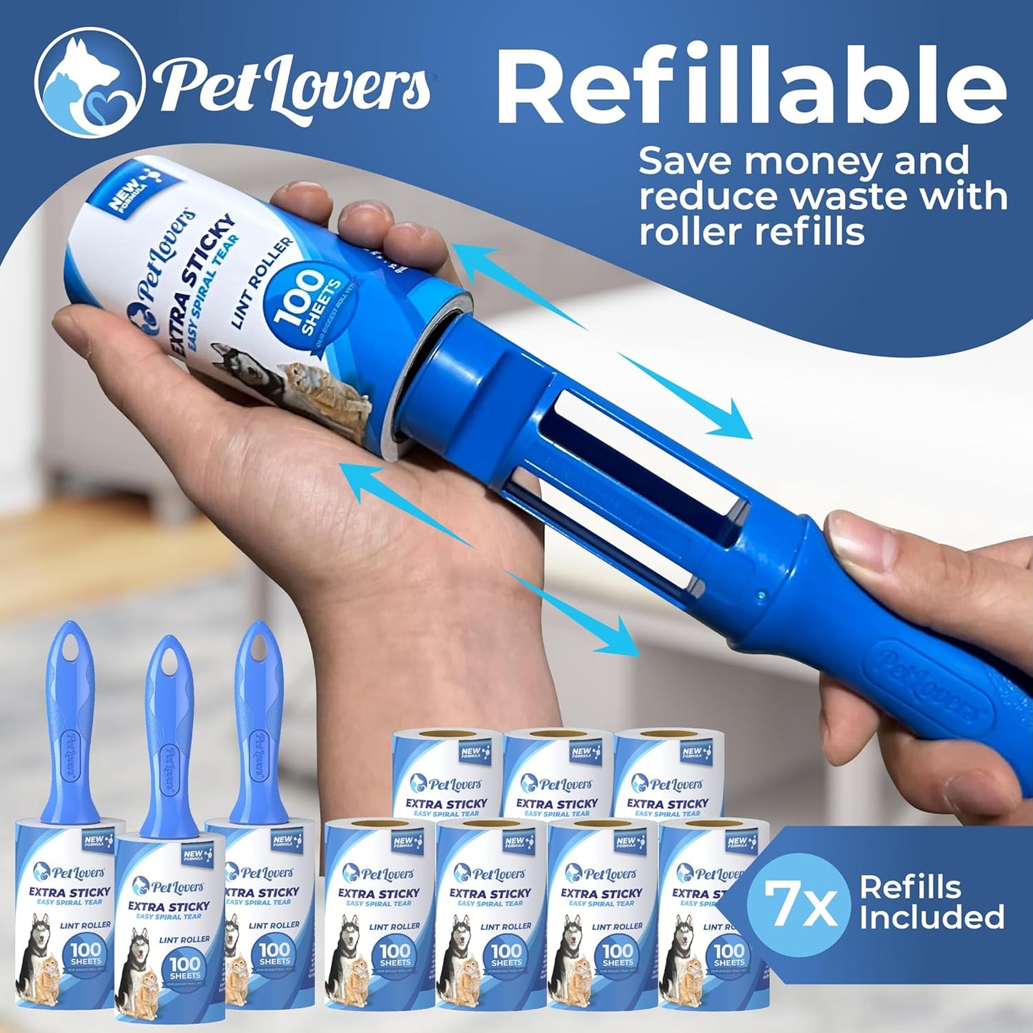 PetLovers Extra Sticky Lint Roller Mega Value Set 600 Sheets for Pet Hair Removal, Dog and Cat Lint Remover 6 Pack