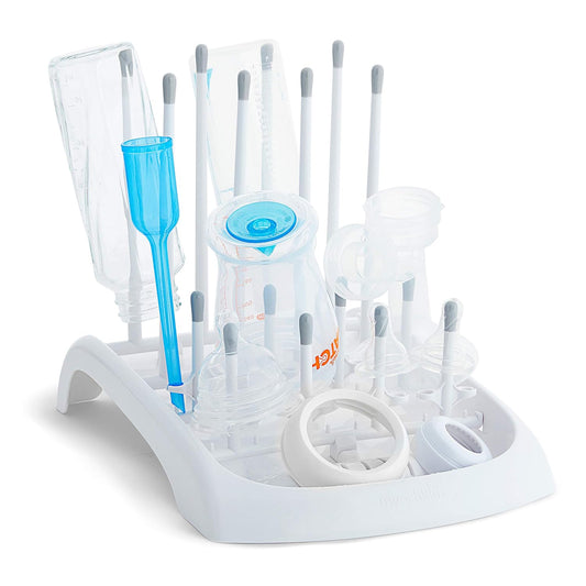 Munchkin Fold Baby Bottle Drying Rack and Bristle Bottle Brush Cleaning Essentials Set, White/Grey