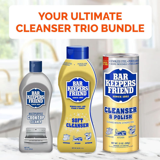 BAR KEEPERS FRIEND Cleanser Trio - Mega Bundle (21 Oz Cleanser and Polish Powder | 26 Oz Liquid Soft Cleanser | 13 Oz Cooktop Cleaner) Plus 1 Foxtrot Microfiber Towel and 1 Microfiber Scrubber Sponge