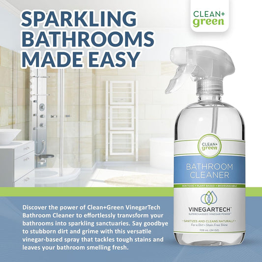 CLEAN+GREEN VinegarTech Bathroom Cleaner - Vinegar Spray All Purpose Cleaner Removes Dirt & Grime Shower, Tub, Tile Floor - Vinegar Cleaner Household Cleaning Supplies - Cleaning Vinegar 24 Fl Oz