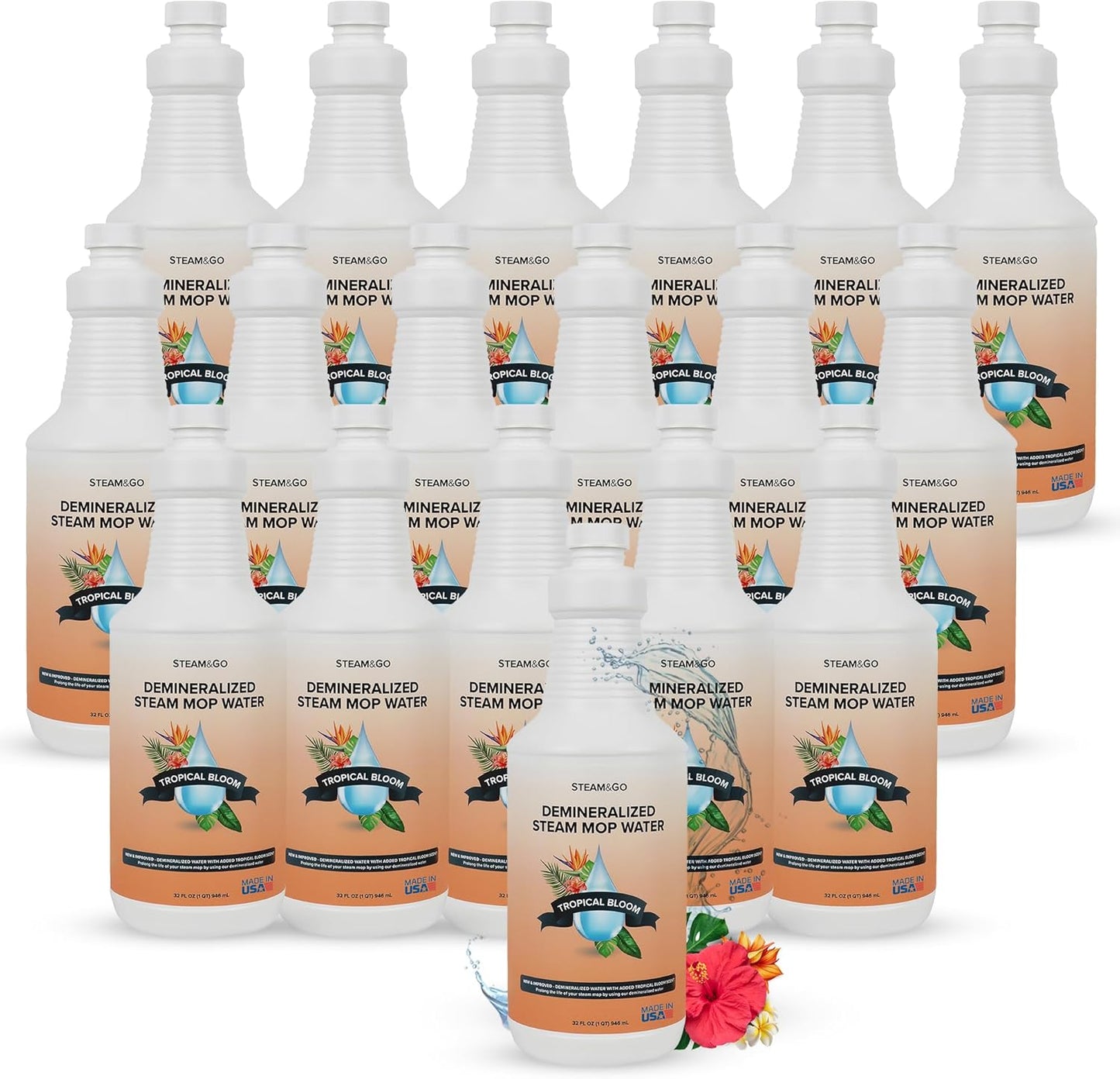 Steam & Go Demineralized Water for Steam Cleaner - PVC-Free Floor Cleaning Solution Compatible for All Steam Mops - Multi-Surface Cleaner for Home Surfaces - Tropical Bloom Scent, 32 oz