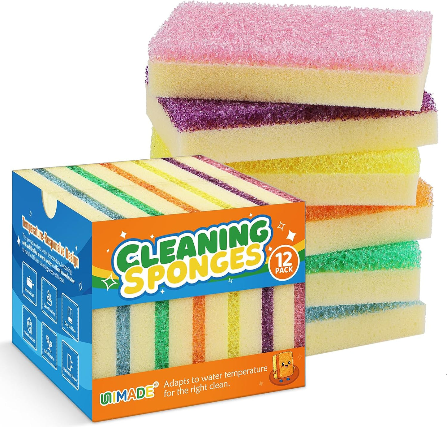 UNIMADE Scrub Sponge, Temperature Responsive Dual-Sided Cleaning Sponges, Non-Scratch Dish Sponge for Kitchen, Soft in Warm Water & Firm in Cold, 6 Pack