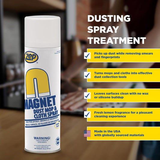 Zep Magnet Dust Mop and Cloth Spray - 16 Oz (Pack of 1) 8001 - Dusting Spray for Mops and Cloths, Removes Dust Smears and Fingerprints, No Buildup or Slippery Film, Lemon Scent
