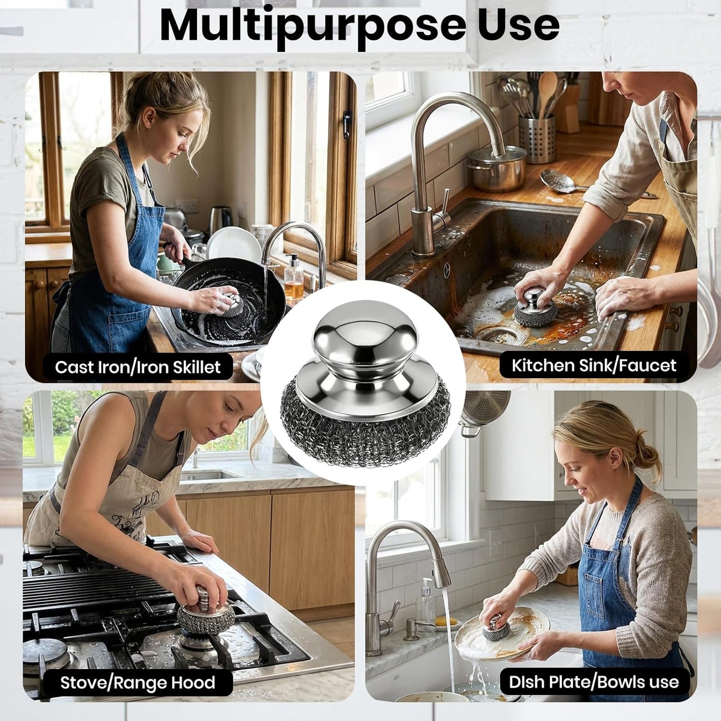 Steel Wool Scrubber with Handle, Stainless Steel, 5 Pack, for Cast Iron, Pots, Pans, Grill, Stoves, Sink (Sliver, M)
