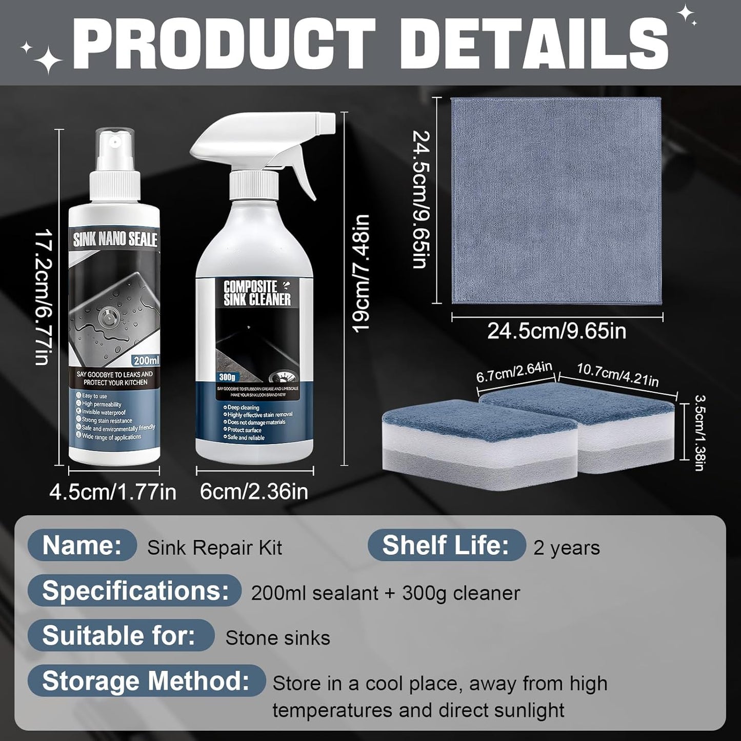 Granite Cleaner and Sealer for Granite Ceramic, Natural Stone Sinks, Restores Shine, Waterproof, All-in-One Cleaning Included 300g Granite Cleaner, 200ml Granite Sealer, 2 Sponges & Microfiber Cloth