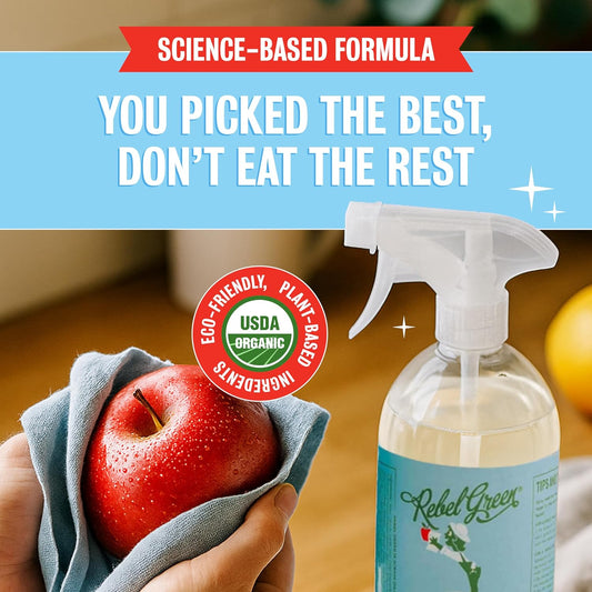 Rebel Green Fruit & Veggie Clean - Plant-Based Produce Cleaner - Natural Fruit and Vegetable Wash with No Aftertaste - Dirt & Grime Removal - Made with Organic Extracts of Citrus - 16 FL OZ