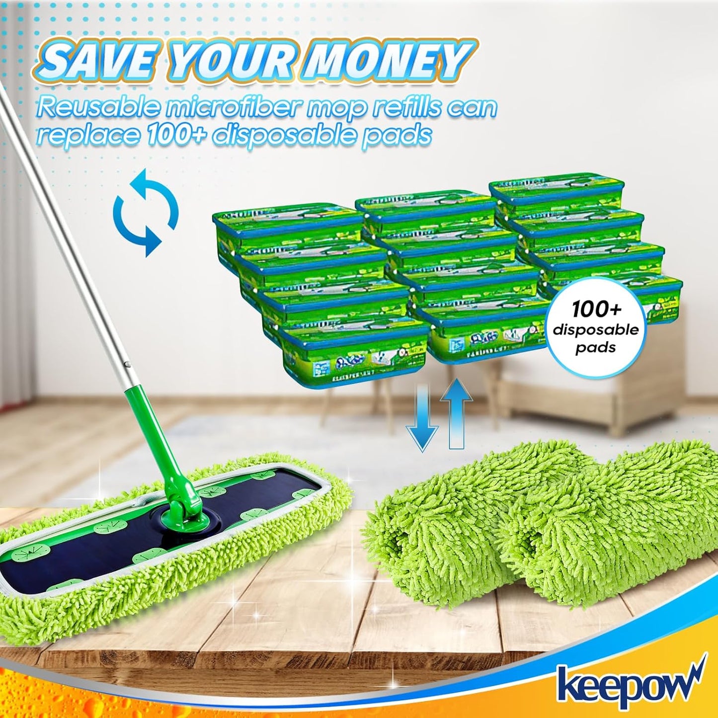 KEEPOW Reusable XL Mop Pads Compatible with Swiffer XL Sweeper, X-Large Dry Sweeping Cloths, Wet Mopping Cloths, Washable Microfiber XL Wet Pads Refills for Surface/Hardwood Floor Cleaning, 4 Pack