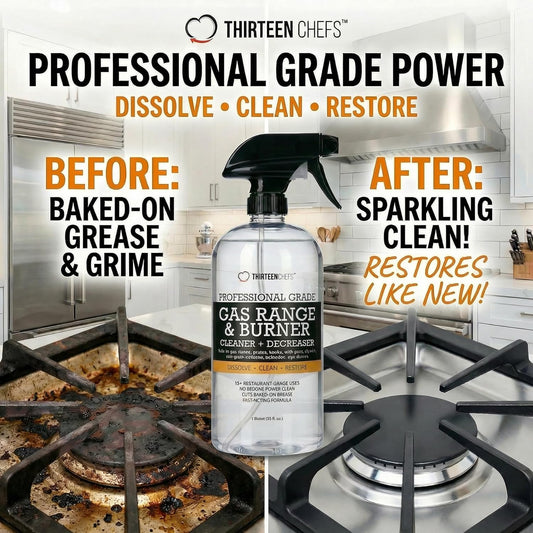 Thirteen Chefs Gas Range Cleaner and Degreaser - Stove Grates, Oven Glass Doors, Grills – Cuts Through Baked on Food (32oz)