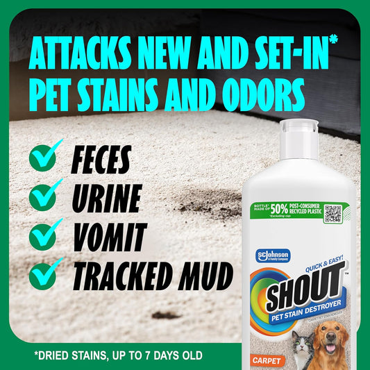 Shout Pet Stain Remover Spray, Color-Safe Multisurface & Carpet Cleaner Solution for Dog & Cat Urine, Feces, Vomit & Mud, Fights Odors & Remarking, Fast-Acting Cleans in 5 Minutes or Less, 22oz