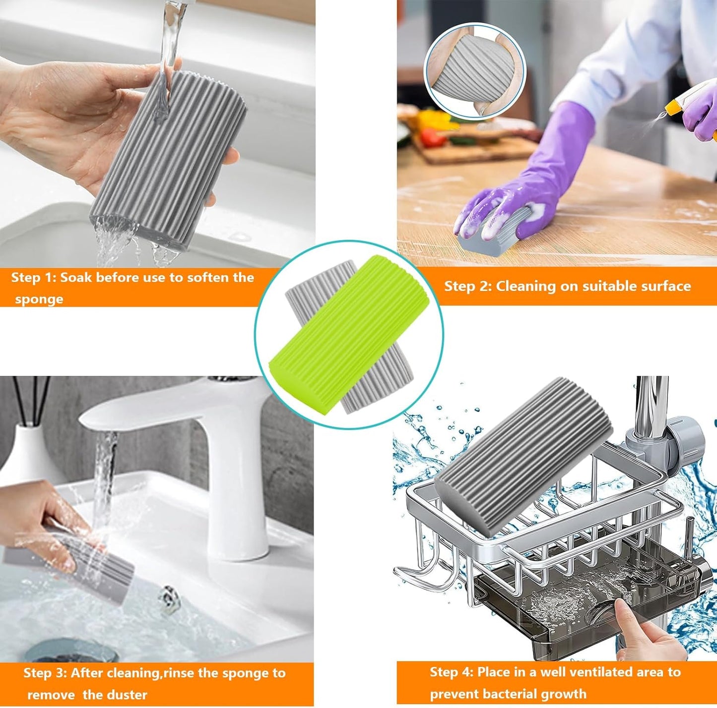 6-Pack Damp Clean Duster Sponge,Magic Sponge Eraser for Housekeeping,Reusable Cleaning Sponge for Blinds,Vents,Mirrors,Glass, Baseboards,Window Track Grooves and Railings (Green)