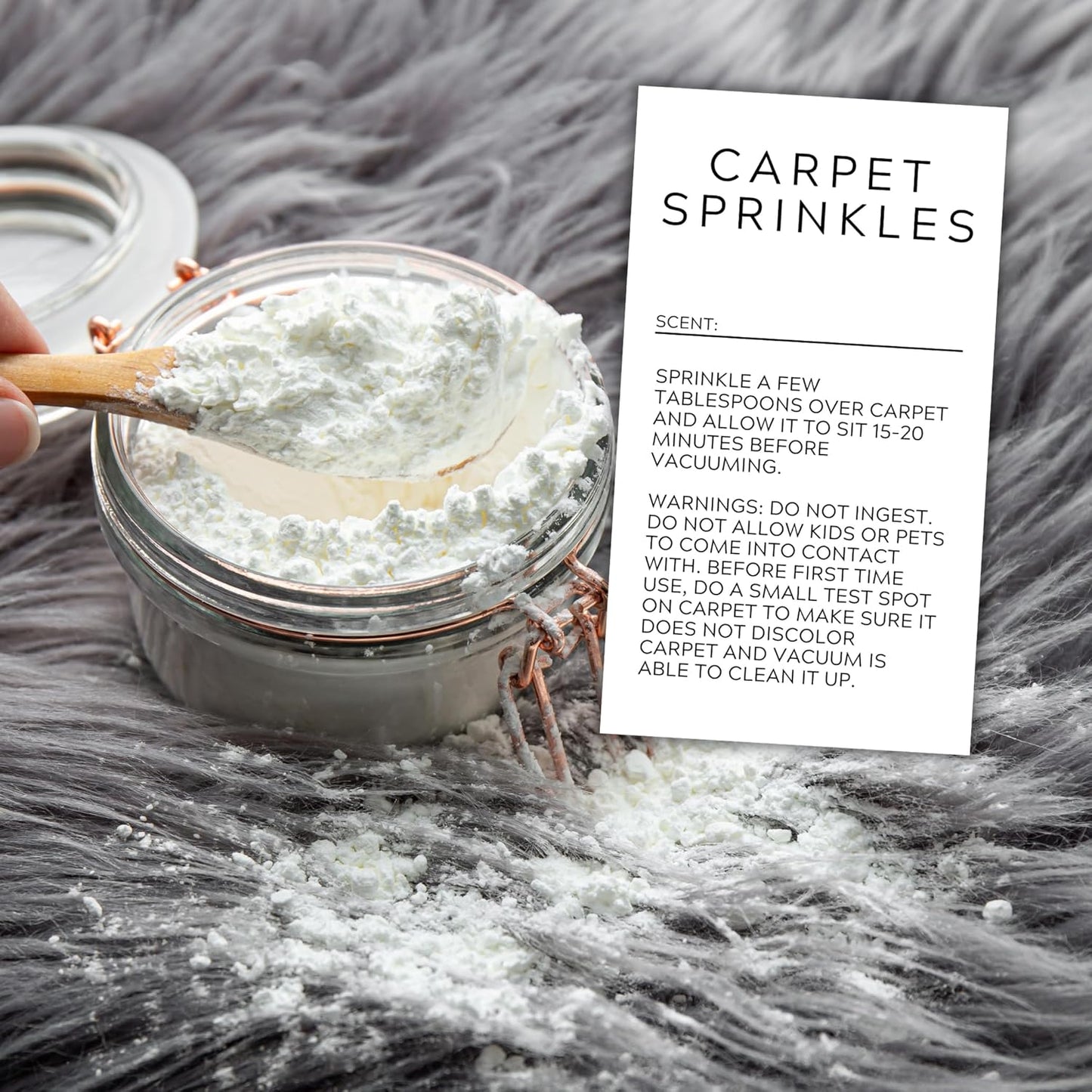 Carpet Sprinkle Freshener Instruction Stickers | 250 pc per Roll 2x3.5” Minimalist Warning Labels for Jar Package How to Use Cleaning Scent Write in