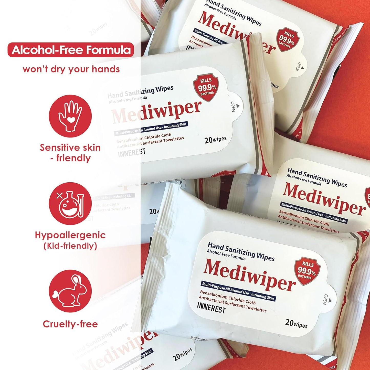 Mediwiper 20 Count Alcohol-Free Sanitizing Wipes Disinfecting Large Unscented Wet Wipes Bulk, Hand Sanitizer (20 Wipes, 100 Wipes (20 * 5))