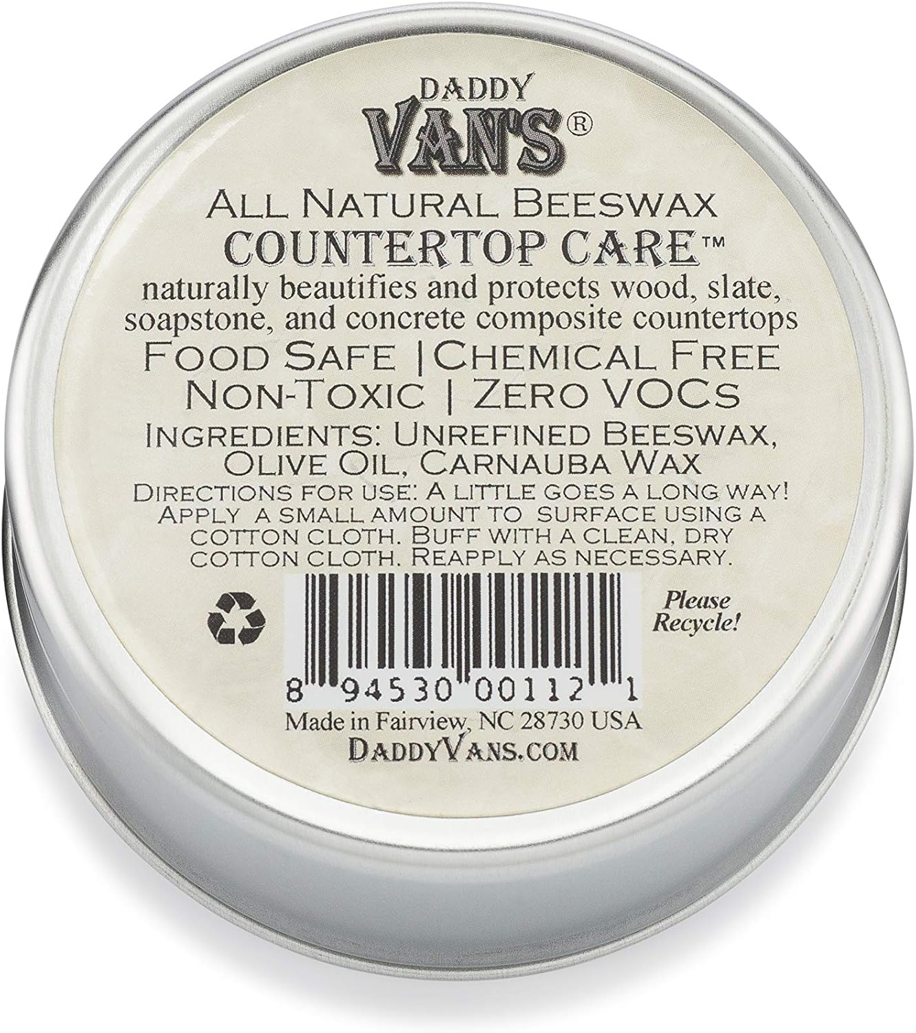 Daddy Van's® All Natural Beeswax Countertop Care for Soapstone, Slate, Concrete Composite and Butcher Block Counter Tops - Food Safe, Chemical-Free and Non-Toxic - 6 Oz. Tin