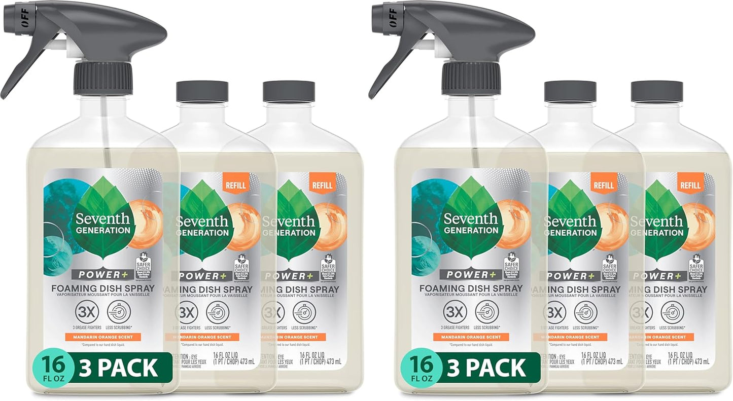 Seventh Generation Foaming Dish Spray, 3 Refills and 1 Sprayhead, 16 Fl Oz (Pack of 3)