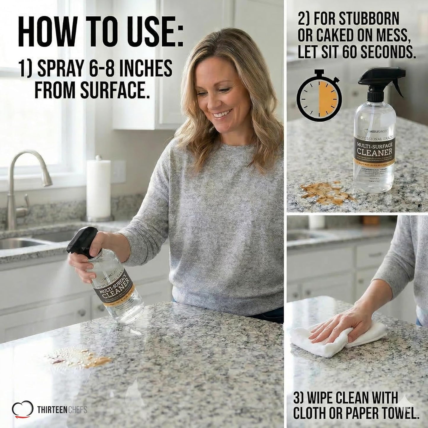 Thirteen Chefs Multi-Surface Cleaner for Kitchen, Home and Bath - Cleans All Countertops, Stainless Steel, Glass, Floor and Tile - 16oz Spray Bottle