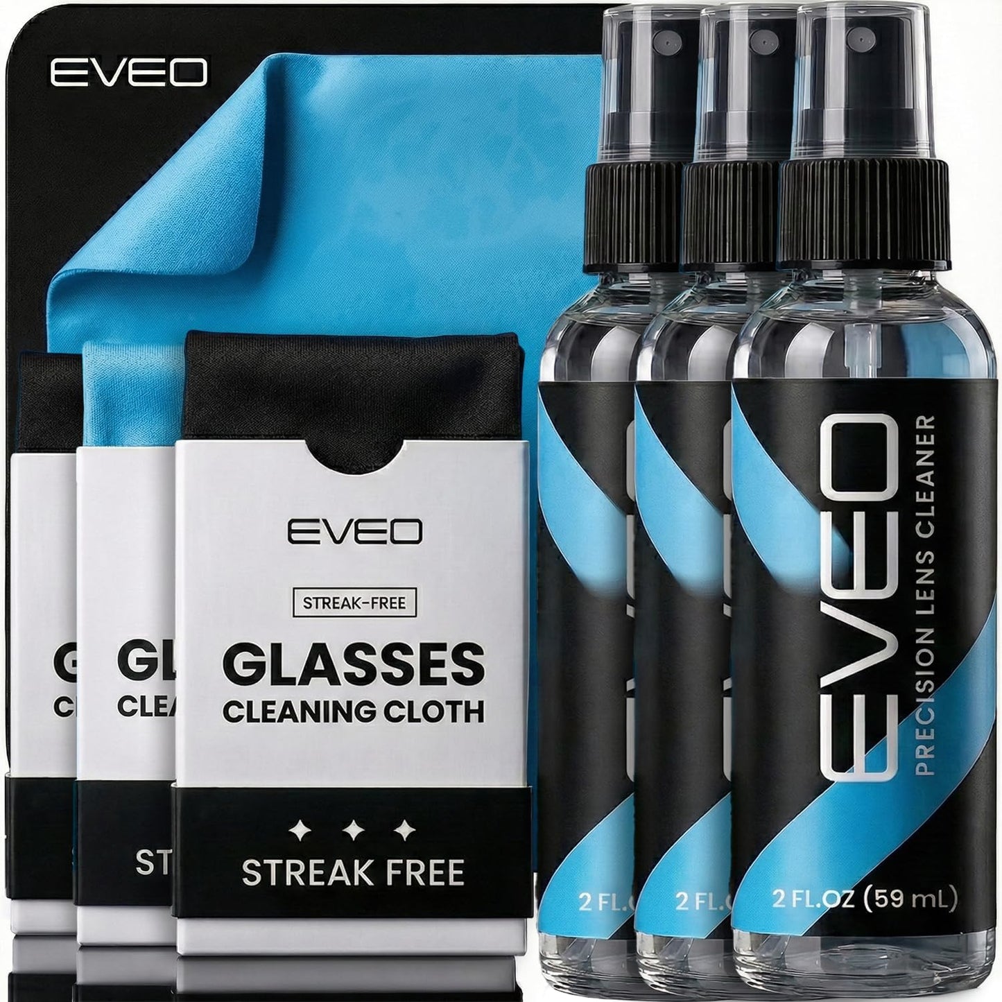 EVEO Glasses Cleaner Spray - Eyeglass Cleaner Lens Cleaner No Streaks Technology & Microfiber Cleaning Cloth - Glasses Cleaning Kit, Eye Glass Cleaners Spray - Screen & Eye Glasses Kit - 2 Pack