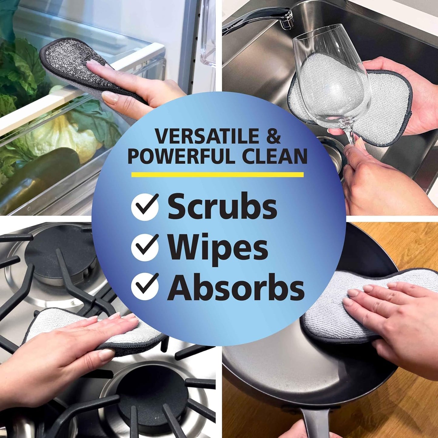 Fresh Scrub-N-Wipe Pad by Tuff-Scrub, 6-Pack, Antimicrobial & Charcoal Foam for Odor Control, Microfiber, Multi-Surface, Non-Scratch, Dual-Sided, Machine Washable, Kitchen Sponge (Small)