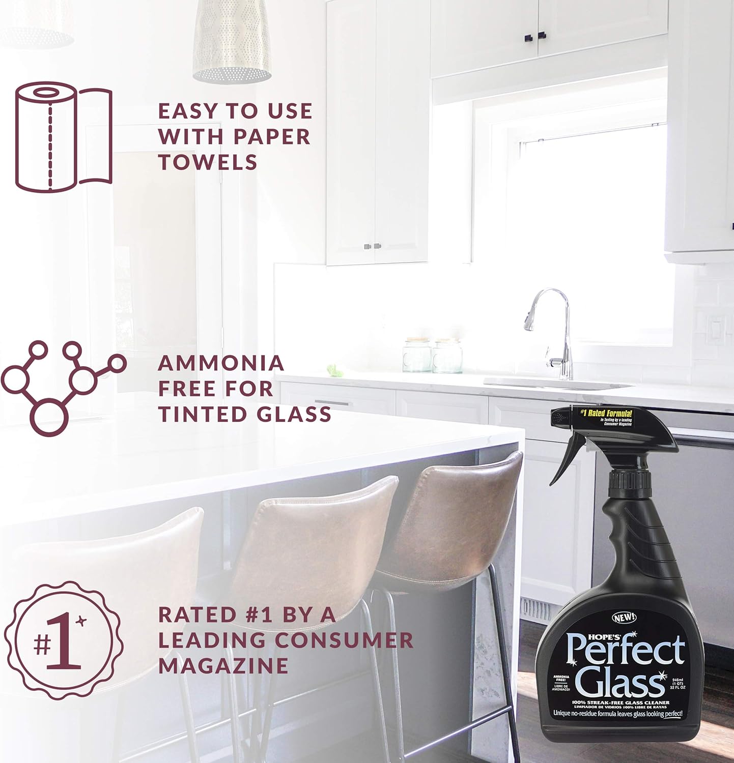 HOPE'S Perfect Glass Cleaner Spray, Streak-Free, Ammonia-Free Window, Mirror, Screen, Tinted Glass, and Shower Door Cleaner, Indoor and Outdoor Glass Surfaces, 32 Fl Oz, Pack of 1