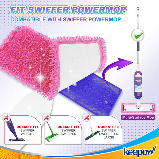 KEEPOW Reusable Microfiber Mop Pads Compatible with Swiffer PowerMop 4 Pack, Power Mop Pads Refills for 13 ''-15 '' Spray Mop, Machine Washable Pad Replacement for Multi-Surface Floor Cleaning