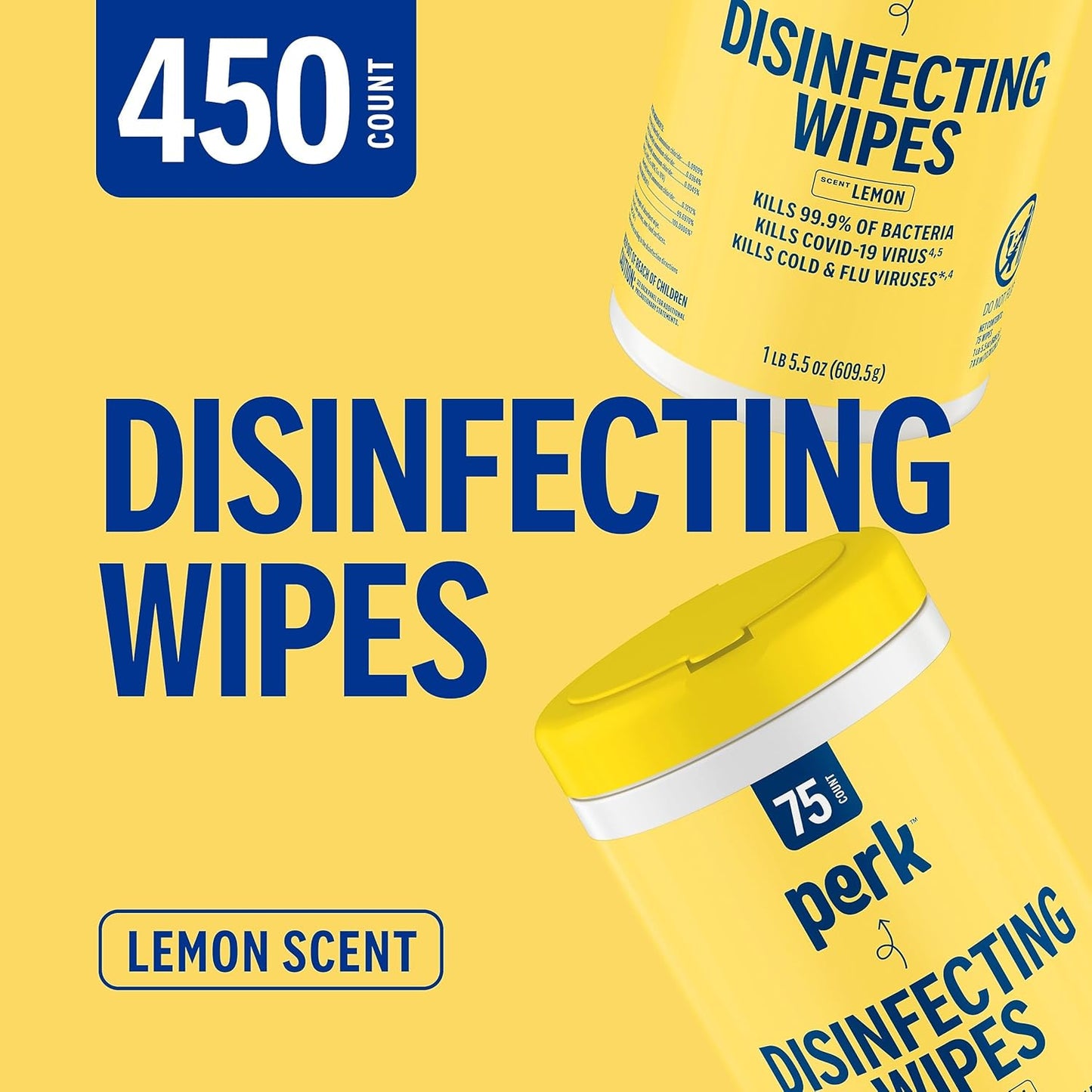 Perk Disinfecting Wipes, Lemon Scent, 75 Wipes/Canister — Multi‑Surface Cleaning Wipes for Home, Office & Classroom