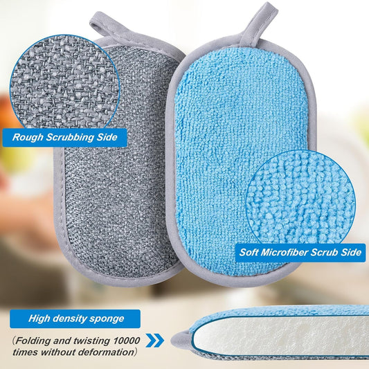 Dual-Sided Multi-Purpose Scrub Sponges, Non-Scratch Dishwashing Sponges for Kitchen, Reusable Microfiber Sponge for Efficiently Cleaning Dishes, High Density Sponge Inside (6 Pack, Medium)