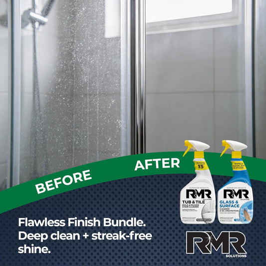 RMR Flawless Finish Bathroom Bundle – Tub & Tile Cleaner + Glass & Surface Cleaner Plus Repellent, 2-Step System for Shower, Tub, Tile, Grout, Glass Doors, & Mirrors, 2–32 Oz Bottles