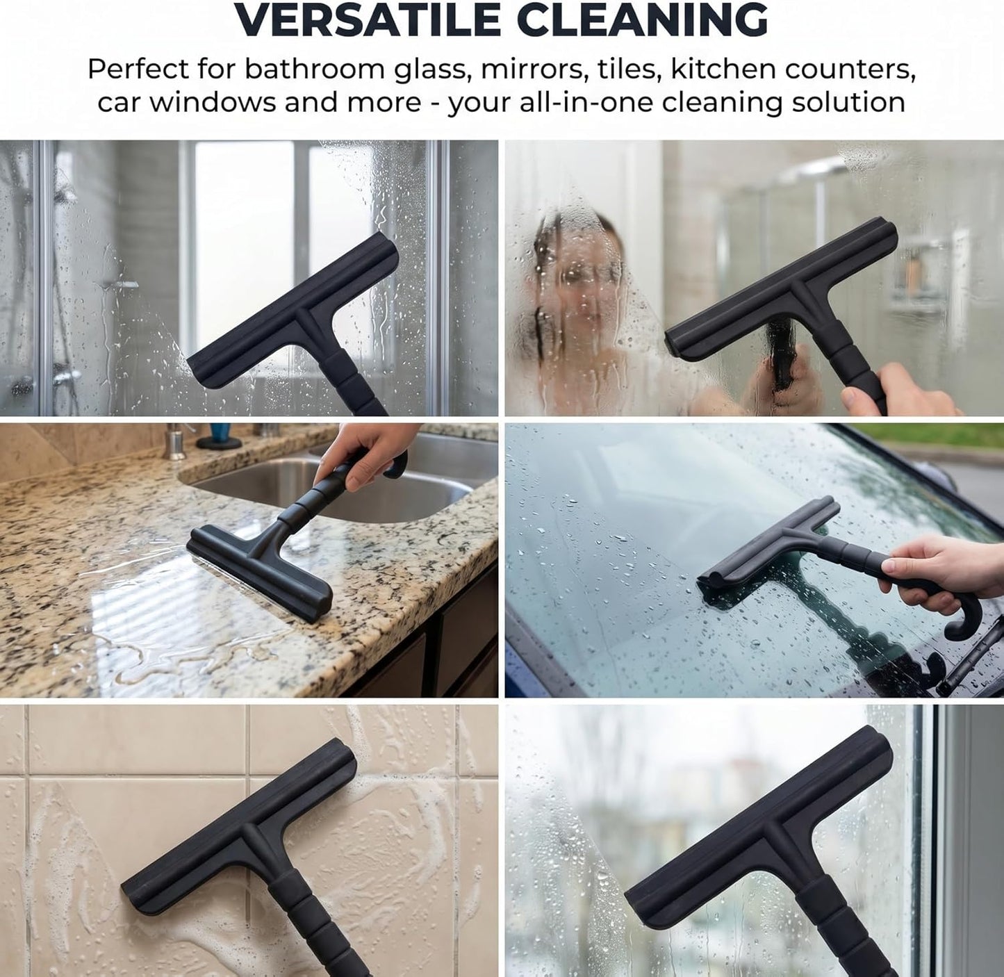 8 Inch Silicone Shower Squeegee for Glass Doors – All-in-One with Built-in Hook, Ergonomic Non-Slip Handle & Reinforced Iron Core, Multi-Purpose for Mirrors, Countertops, Windows, Black