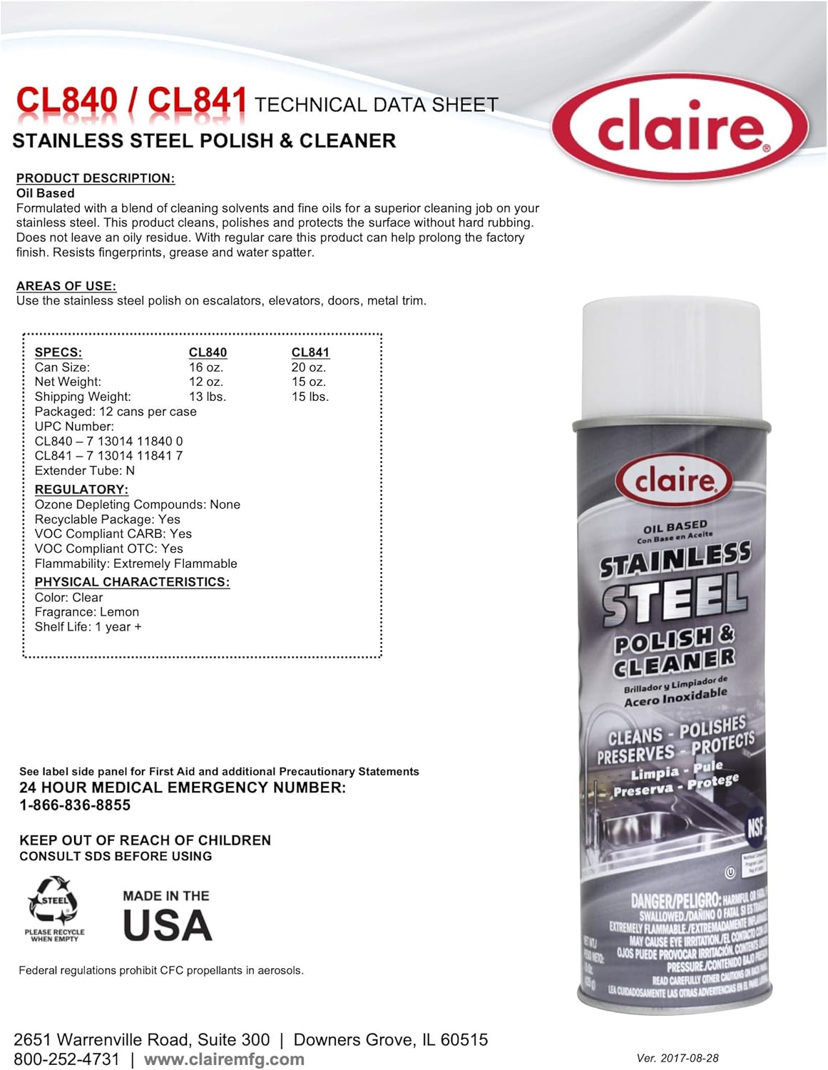 Claire CL841-12pk Oil Based Stainless Steel Polish & Cleaner; 15 Oz. Net Wt, 12 Count